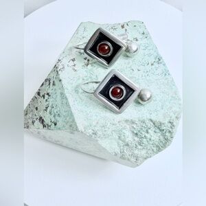 Vintage Oxidized Sterling Silver & Garnet Wire Drop Earrings w/Sterling Bead